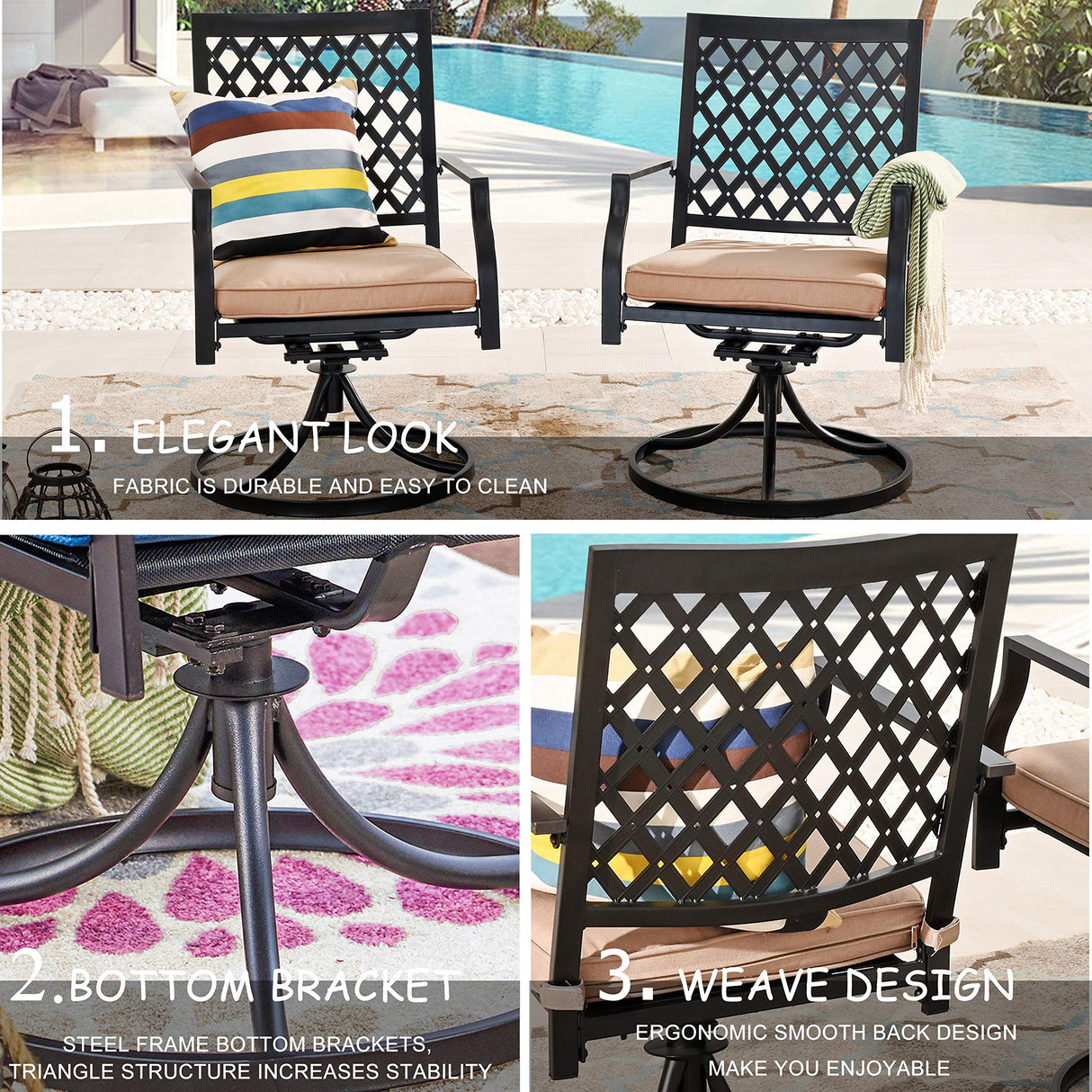 Patio Swivel Rocker Furniture Metal Outdoor Dining Chairs with Cushion Set