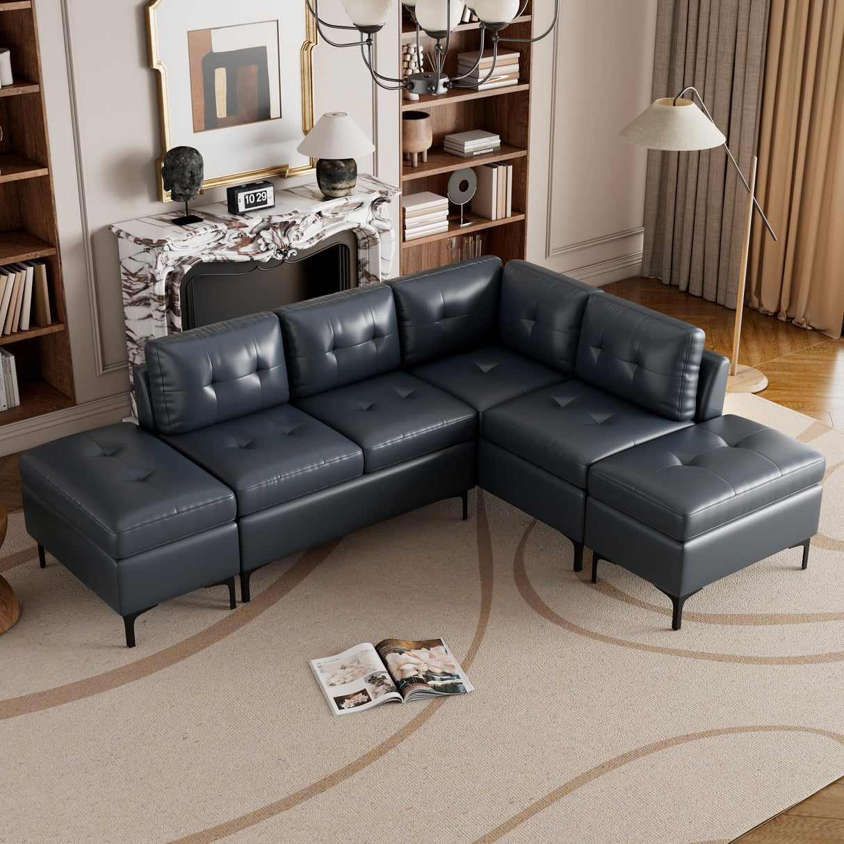 L-Shaped Couches for Living Room, PU Leather Sectional Sofa with Movable Storage