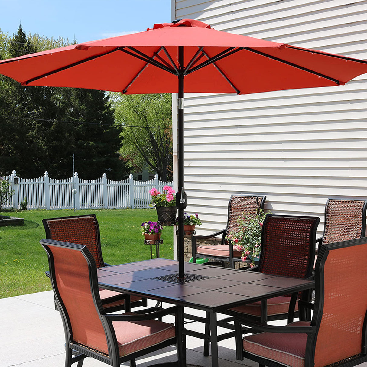 9 ft Outdoor Patio Umbrella with Solar Lights - Polyester LED Table Market Umbrella