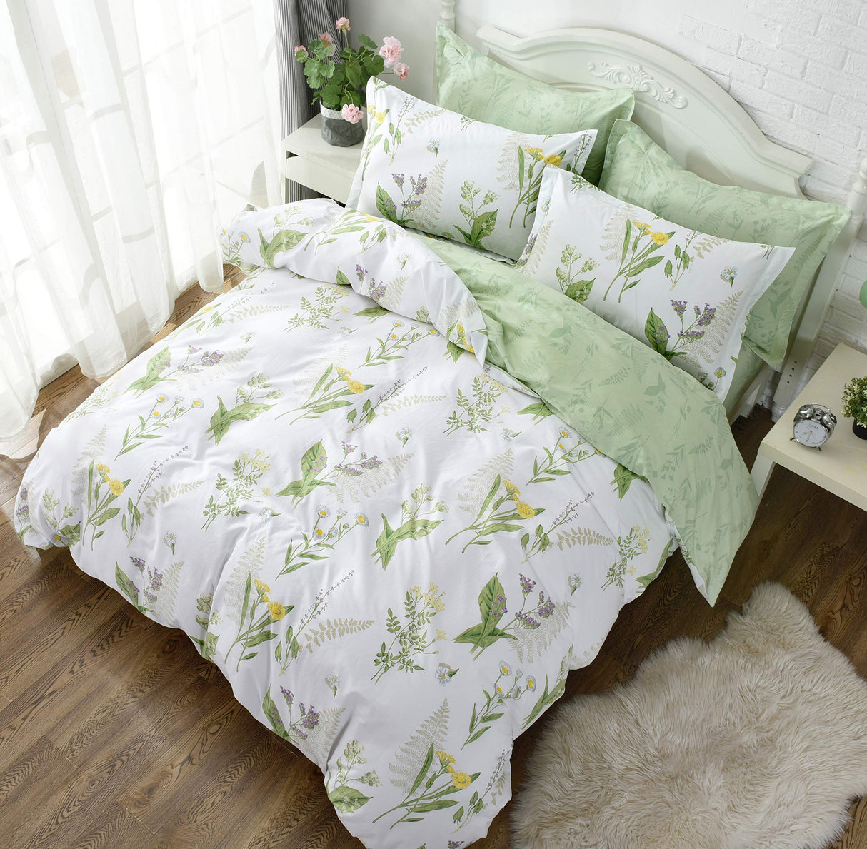 Cover Set Queen Shabby Green Daisy and Lavender Flowers 100% Cotton with Hidden