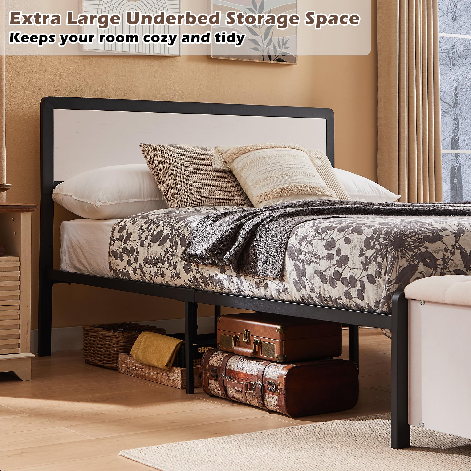 Queen Size Metal Platform Bed Frame with Wood Headboard,9 Strong Support Metal Legs,