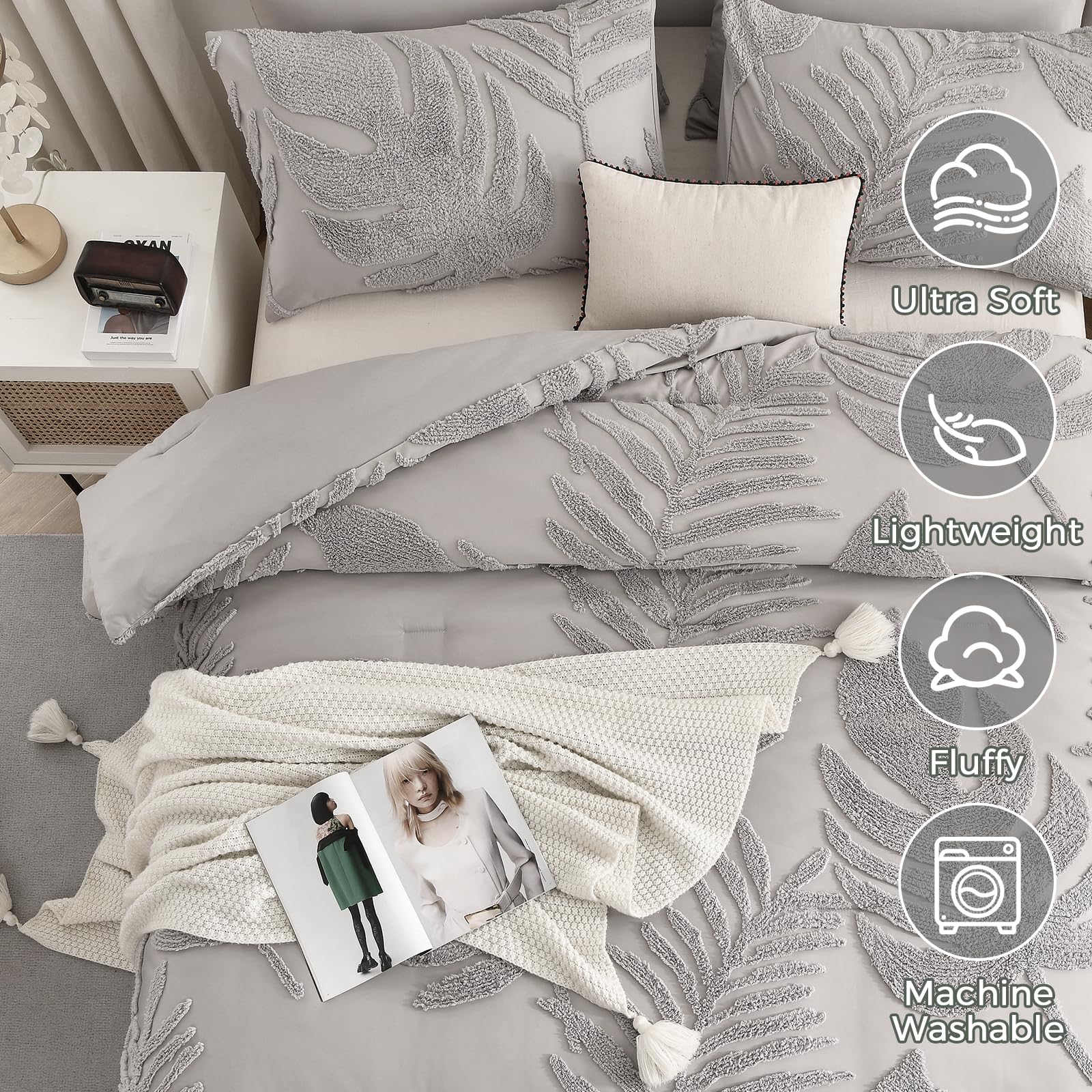 Floral Tufted Palm Leaf Comforter Set - King Size Grey Botanical Bedding