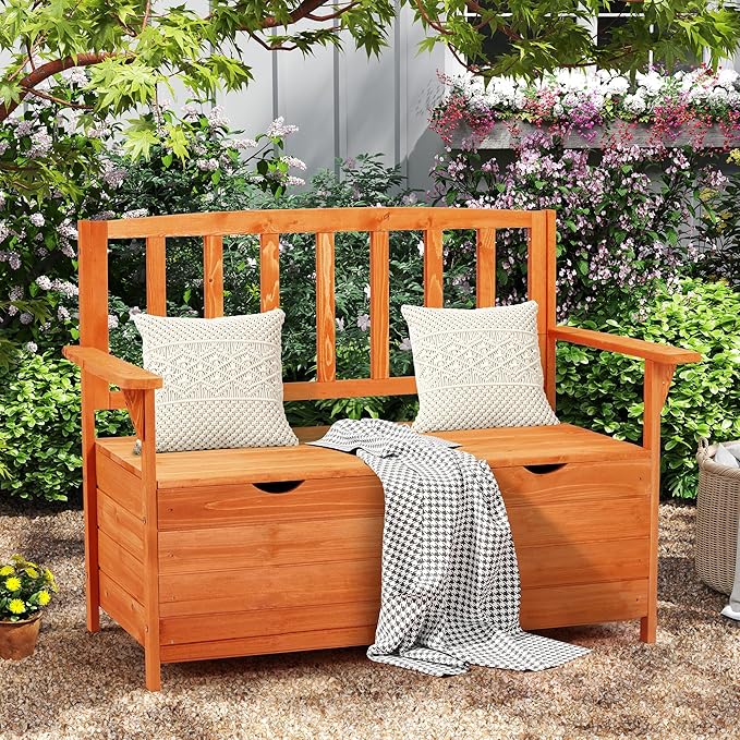 Outdoor Wooden Storage Bench, Patio Storage Box with Portable Handle & Seating, Deck