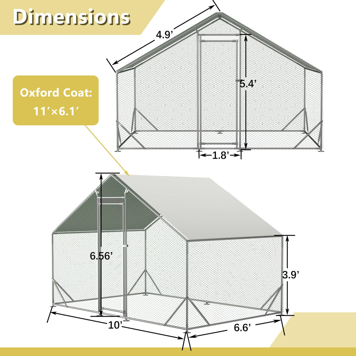 Metal Chicken Coop 10x6.6x6.56ft Walk-in Poultry Cage Chicken Run Hen Rabbit