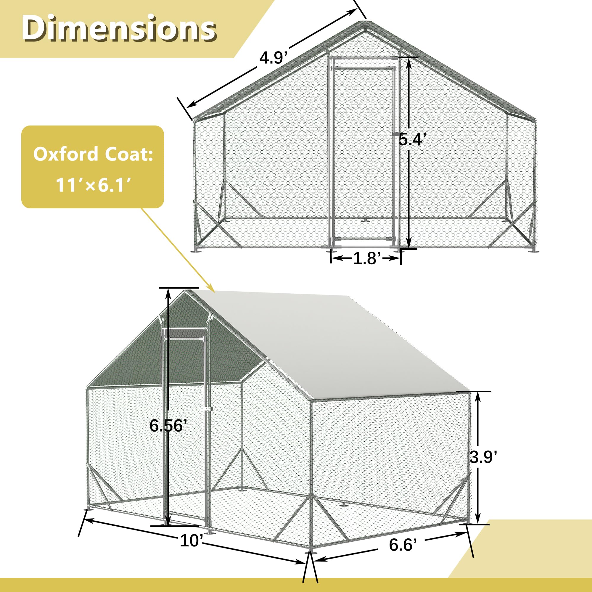 Metal Chicken Coop 10x6.6x6.56ft Walk-in Poultry Cage Chicken Run Hen Rabbit