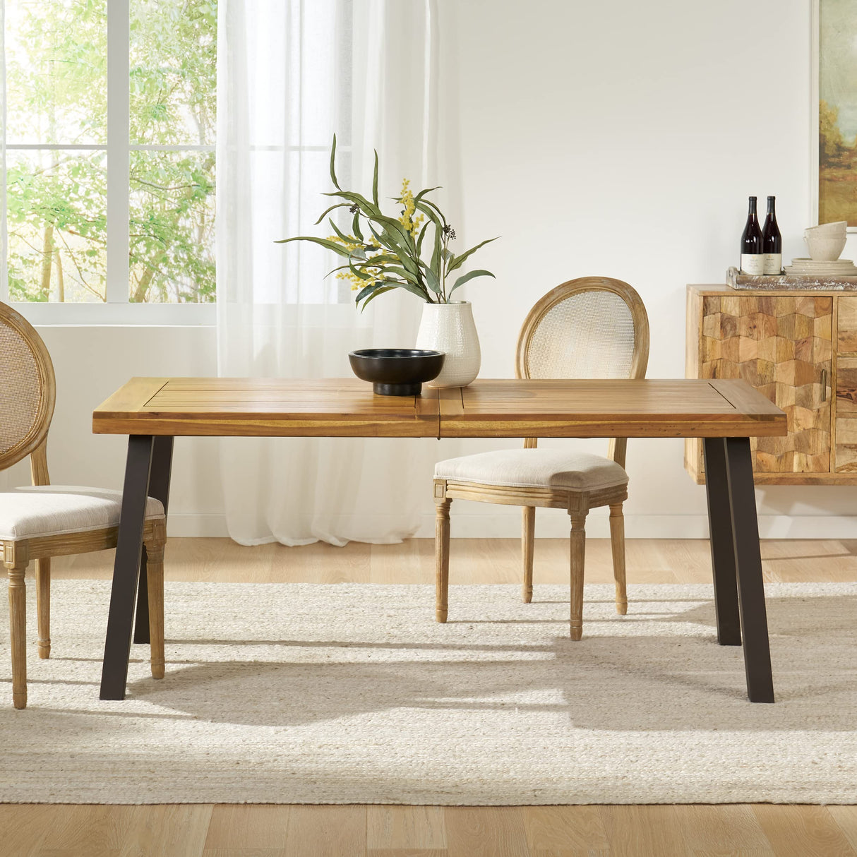 Della Acacia Wood Dining Table, Natural Stained with Rustic Metal,