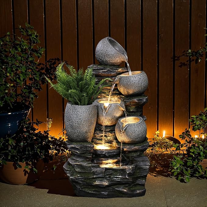 30 Inch Tall Outdoor Water Fountain, 4 Tiers Cascading Pots & Rock Cascading