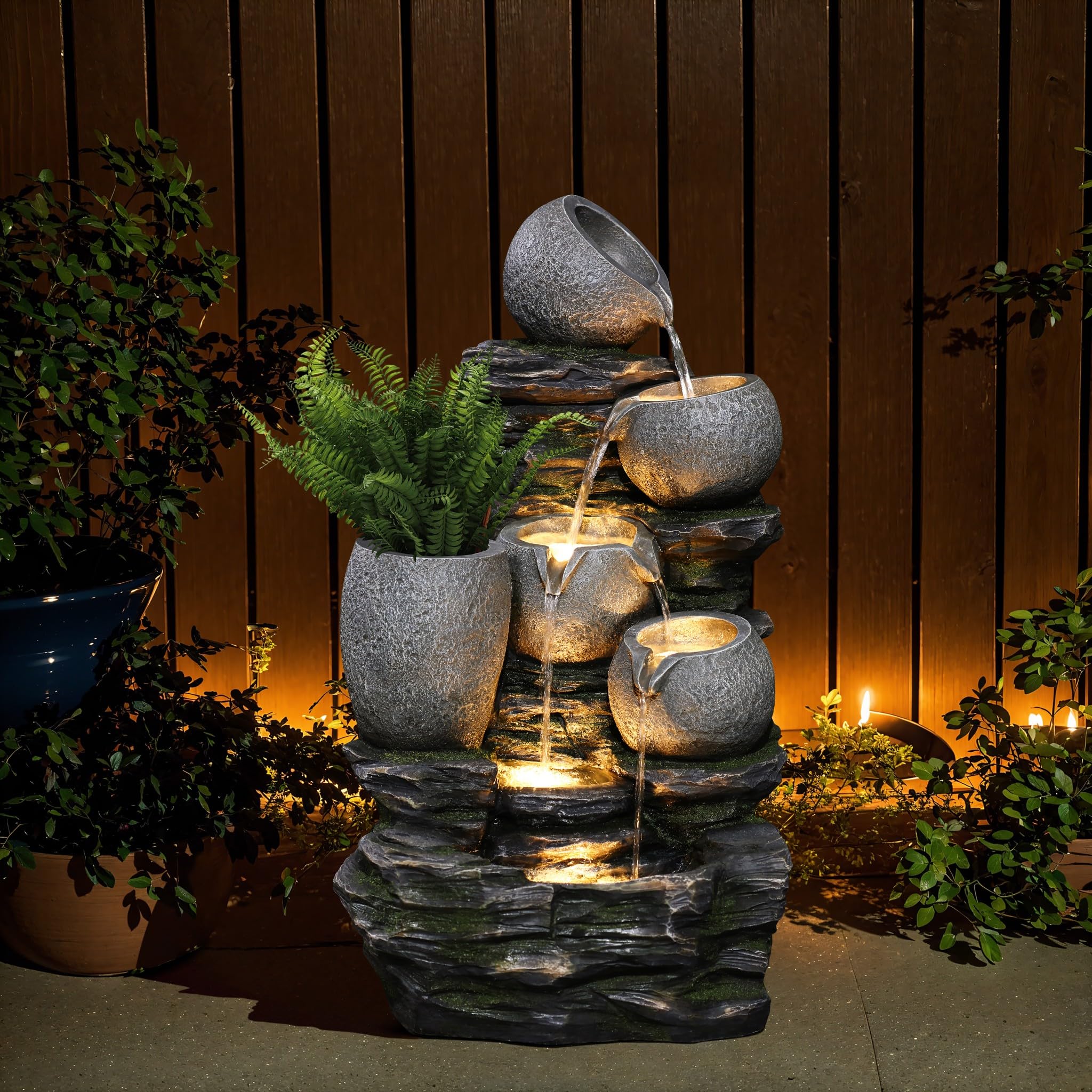 30 Inch Tall Outdoor Water Fountain, 4 Tiers Cascading Pots & Rock Cascading