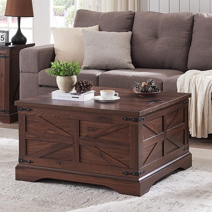 Farmhouse Coffee Table, Square Wood Center Table with Large Hidden Storage Compartment for Living Room,