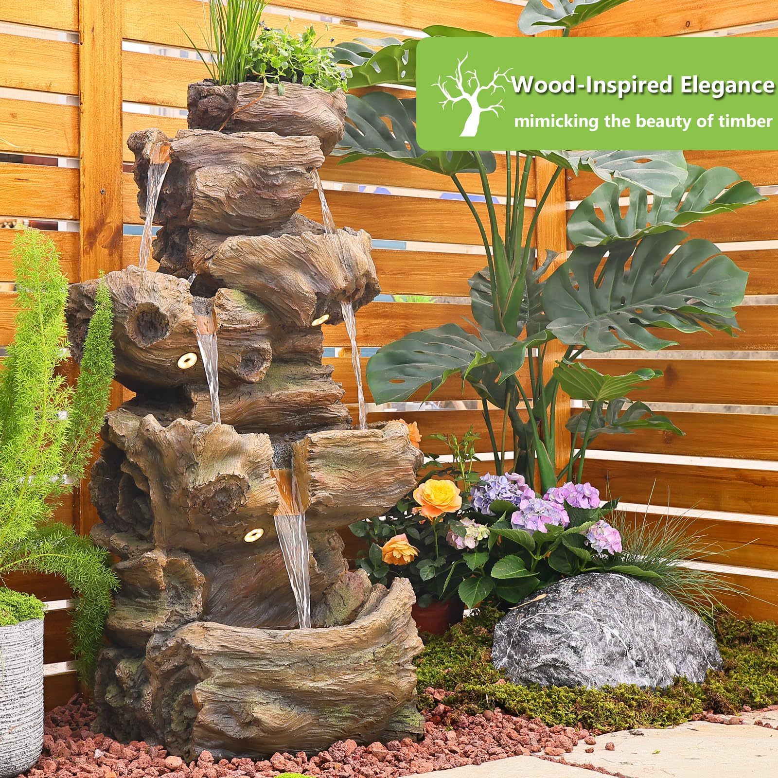 Wood Waterfall Fountain Outdoor 5 Tiers Large Cascading Rock Waterfall Outdoor