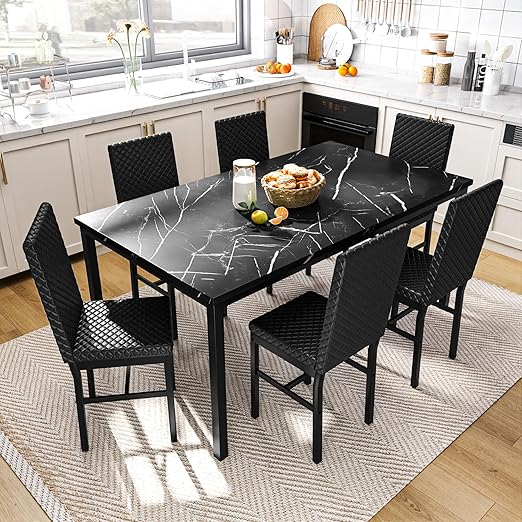 6-Piece Faux Marble Dining Table Set with Blue Velvet Chairs