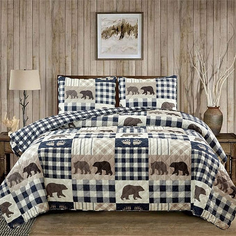 3 Piece Reversible Quilt Set with Sham | Queen Cabin Comforter Set | Rustic Bear Buffalo