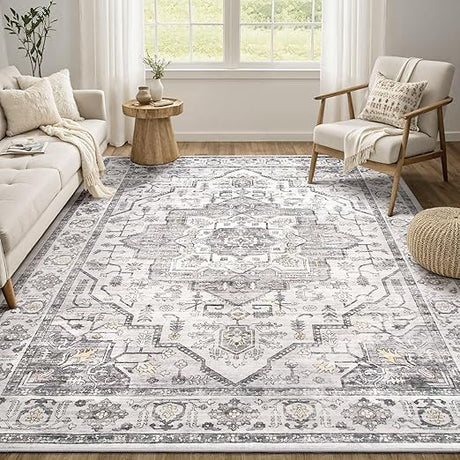 Washable Vintage Area Rug 9x12 - Soft Traditional Rug for Living Room