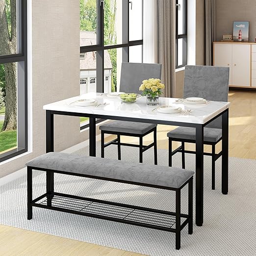 4-Piece Faux Marble Dining Table Set with Upholstered Bench and Chairs