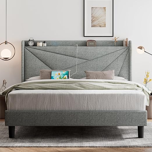 King Size Bed Frame, Modern Bed Frame with Charging Station, Wingback Storage