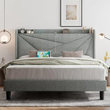 King Size Bed Frame, Modern Bed Frame with Charging Station, Wingback Storage