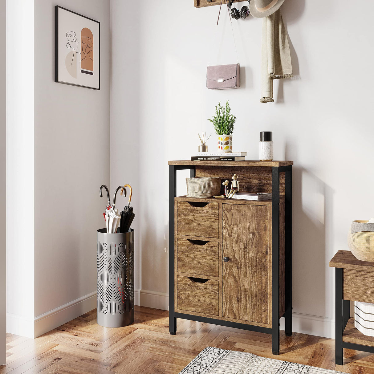 Industrial Bathroom Floor Cabinet, Freestanding Wooden Organizer, Multiple Tiers Storage Cabinet with 3 Drawers,