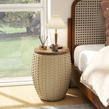 Drum Side Table - Handwoven Rattan End Table with Solid Wood Lid | Indoor/Outdoor