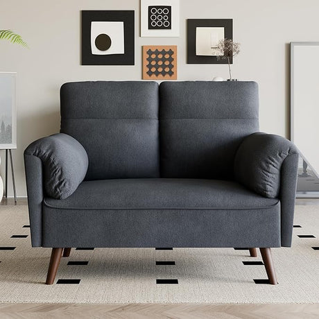 49" Small Modern Loveseat Sofa, Mid Century Linen Fabric 2-Seat Sofa Couch Tufted Love Seat and Tapered Wood Legs for Living Room, Bedroom and Small Space (Dark Gray)