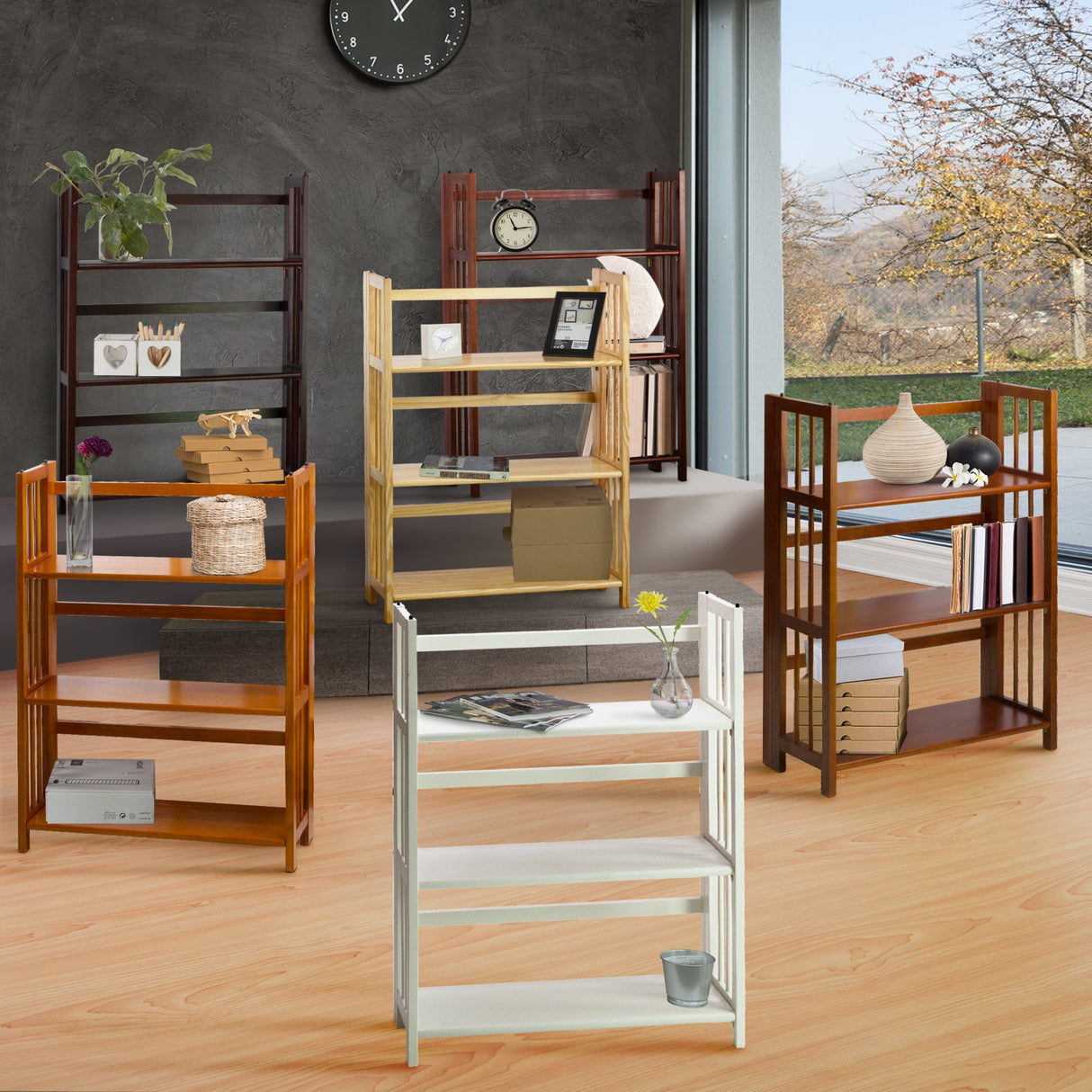 3-Shelf Folding Stackable Bookcase (27.5" Wide)-Natural