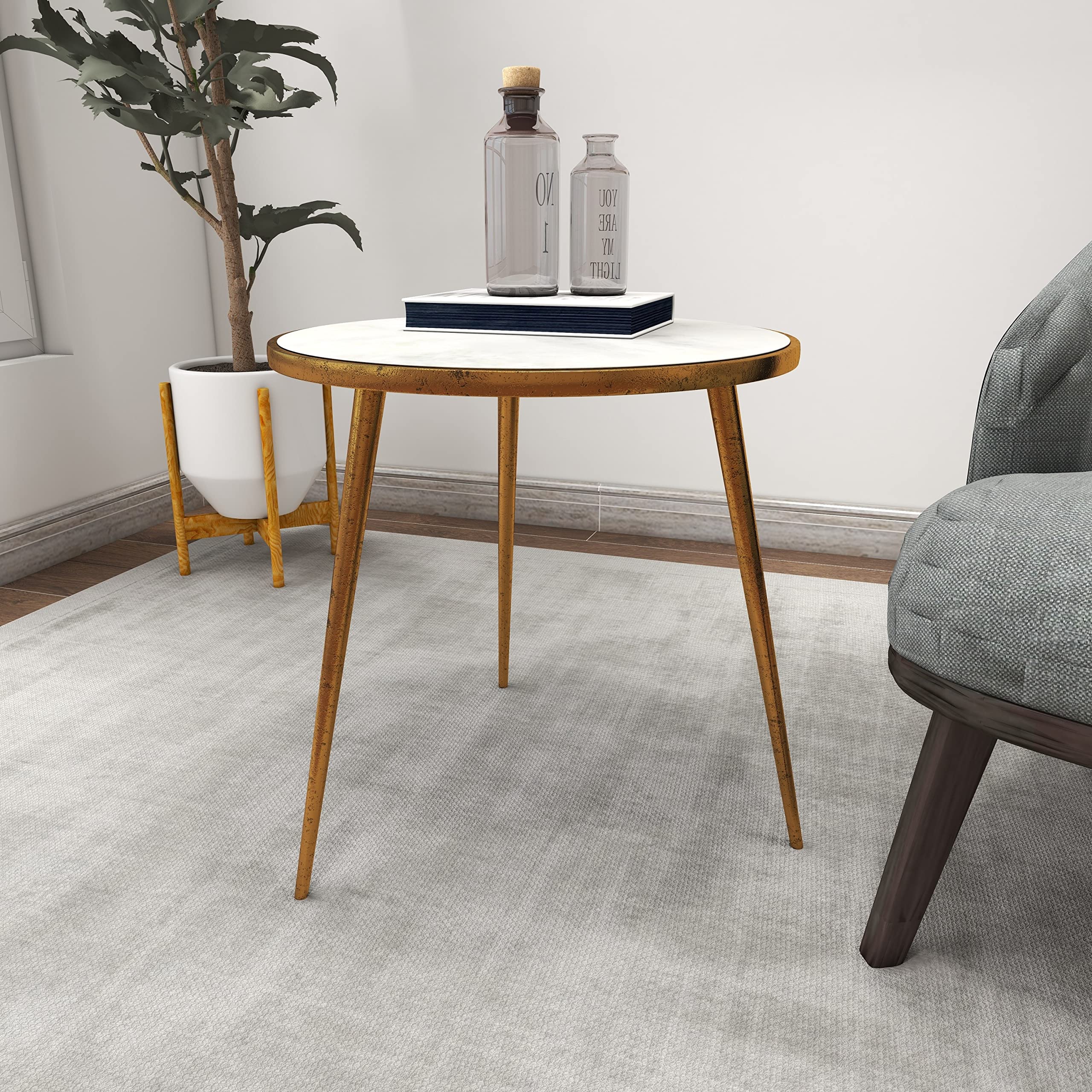 Aluminum Metal Side End Accent Table End Table with Marble Top