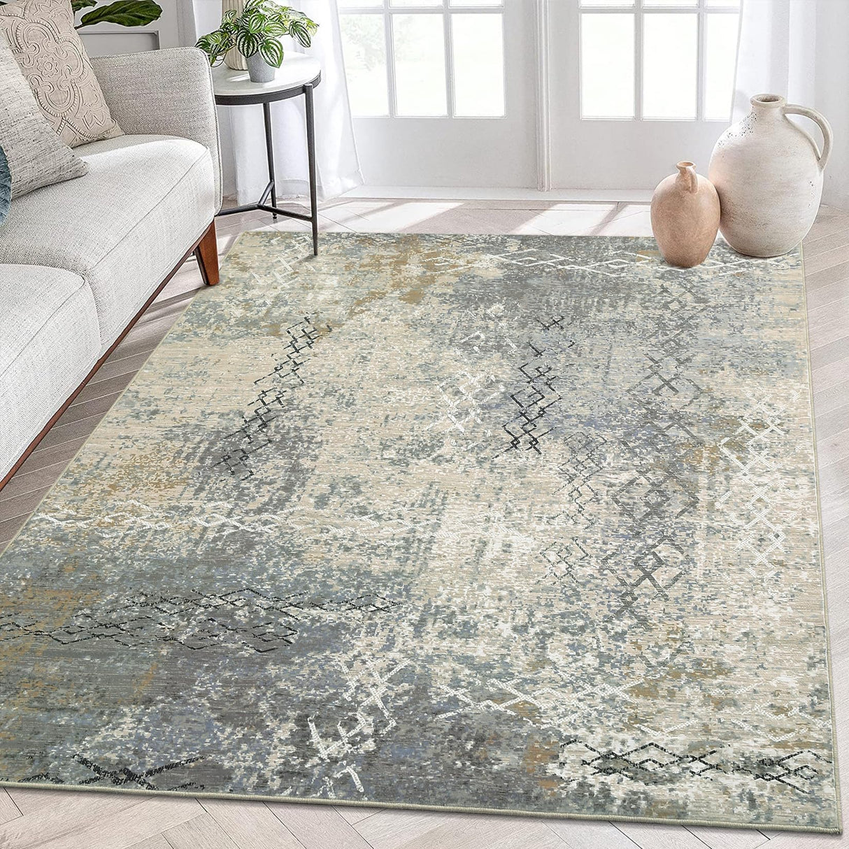 CAROMIO 5x7 Washable Rug Non-Slip Bedroom Geometric Rug Modern Abstract Floor Cover Stain Resistant Low-Pile Boho Carpet Rug for Living Room, Beige