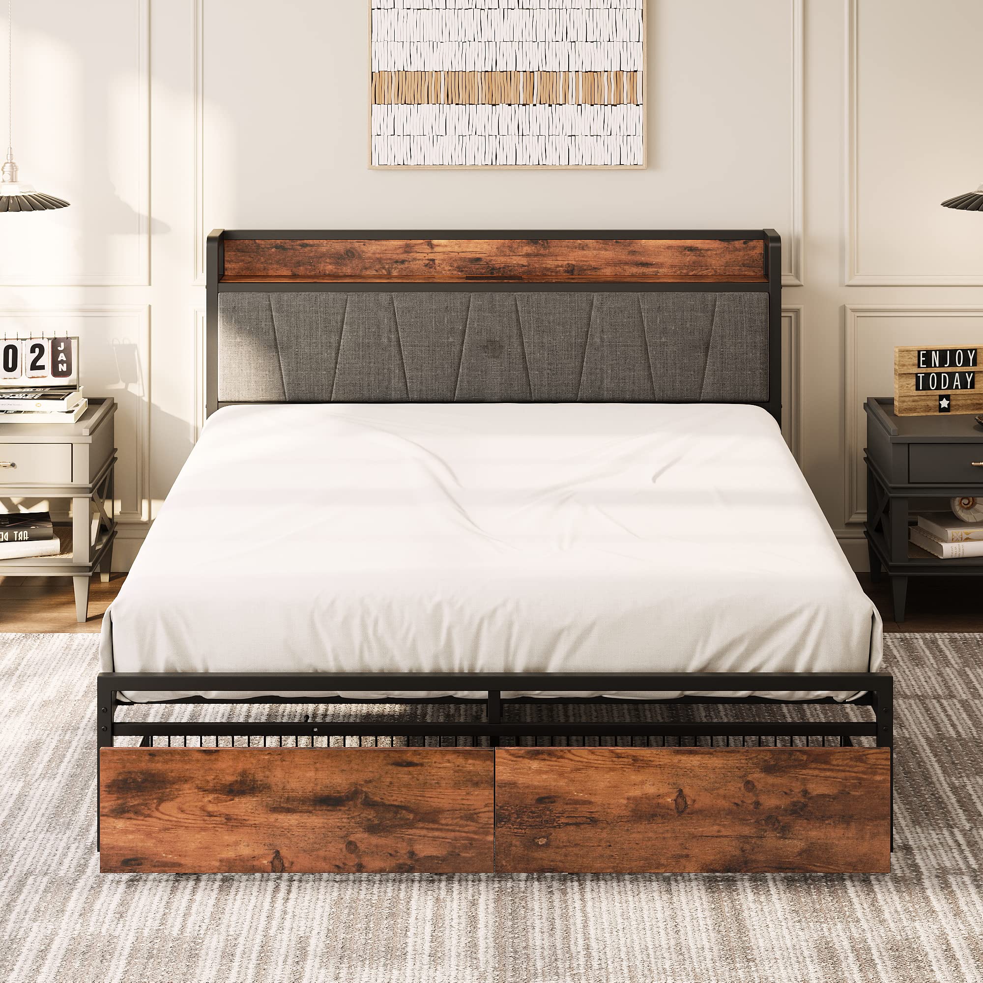 Queen Bed Frame, Storage Headboard with Charging Station, Platform Bed with Drawers,