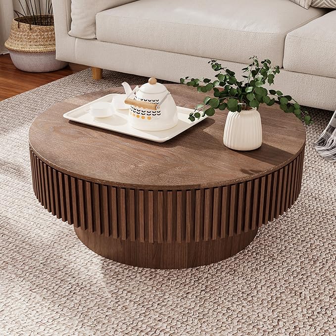 39.37'' Natural Coffee Table Modern Handcraft Drum Round Circle Wooden Solid Wood