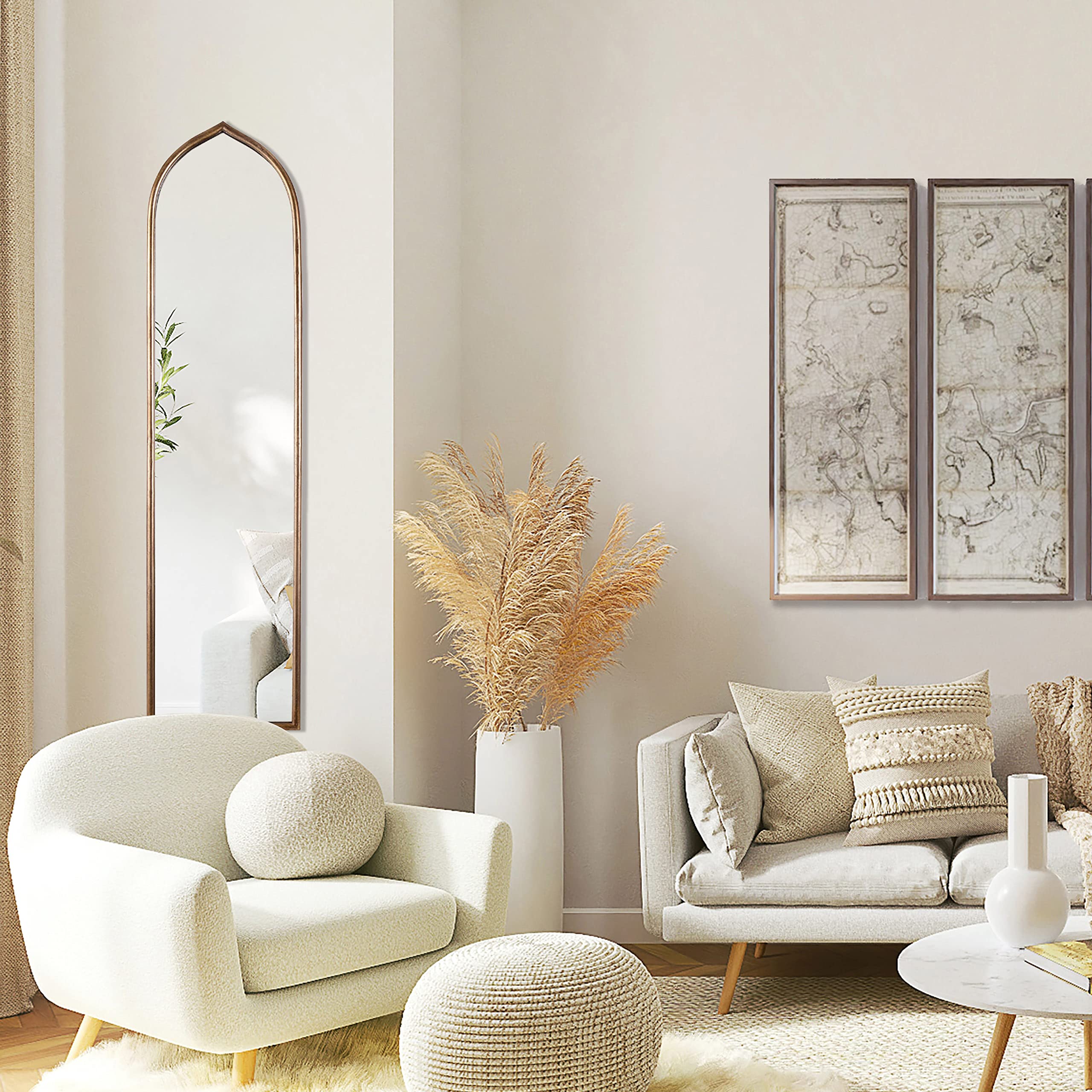 Long Gold Arched Mirror, Decorative Hanging Tall Mirror,Long Skinny Mirror