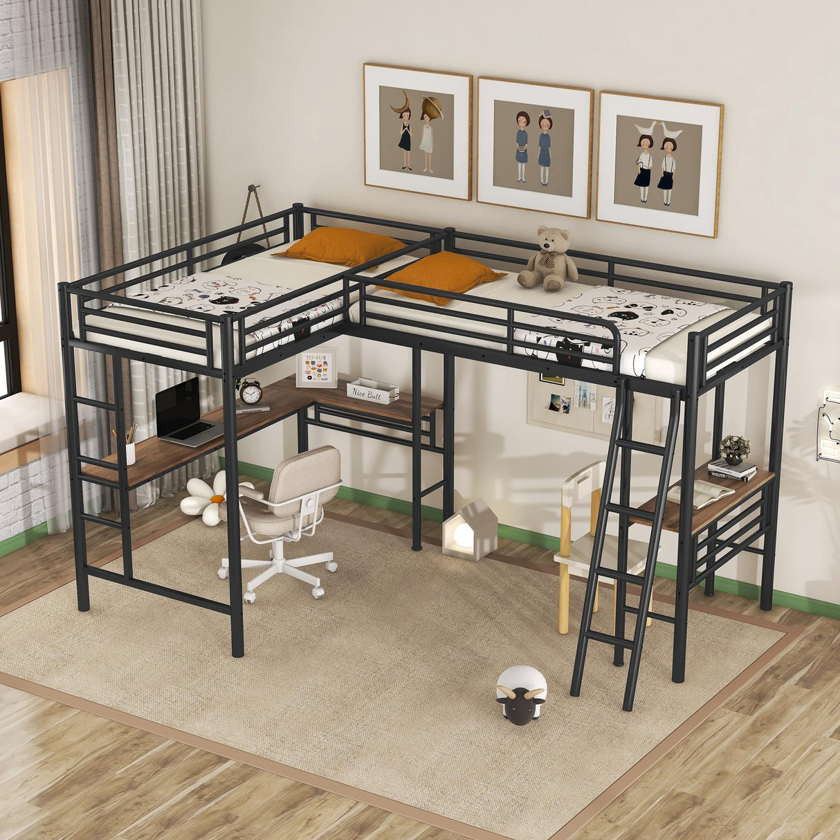 L-Shape Loft Beds with Two Desk Metal Double Twin Loft Beds Frame Heavy