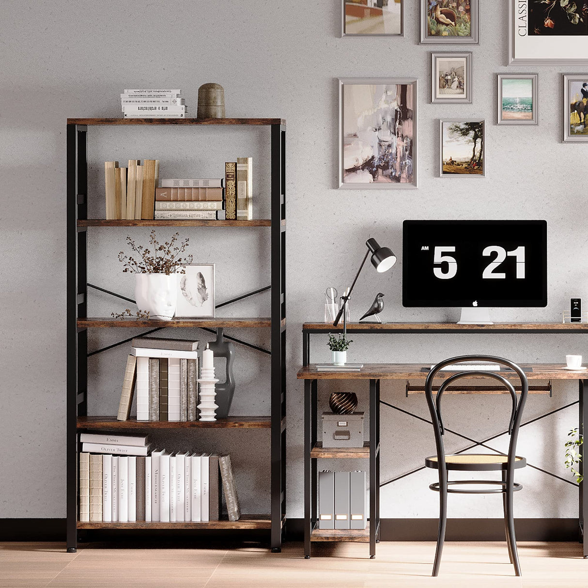 Bookshelves and Bookcases, 31.5in Wide Shelf 5-Tier Ladder Shelf 110lbs/shelf Vintage Industrial Style
