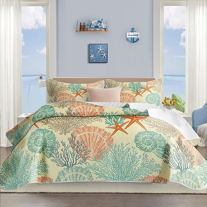 3 Piece Coastal Quilt Sets King Size - Reversible Microfiber Quilts with 2 Shams Soft