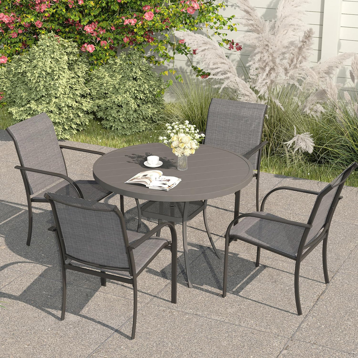 Metal Patio Dining Table for 4, 42" Grey Outdoor Round Table