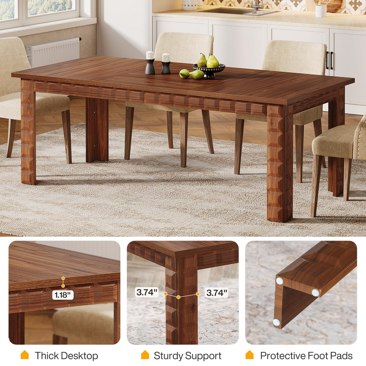 Dining Table for 6-8, 70.87-Inch Farmhouse Kitchen Table, Large Wood Dining Room