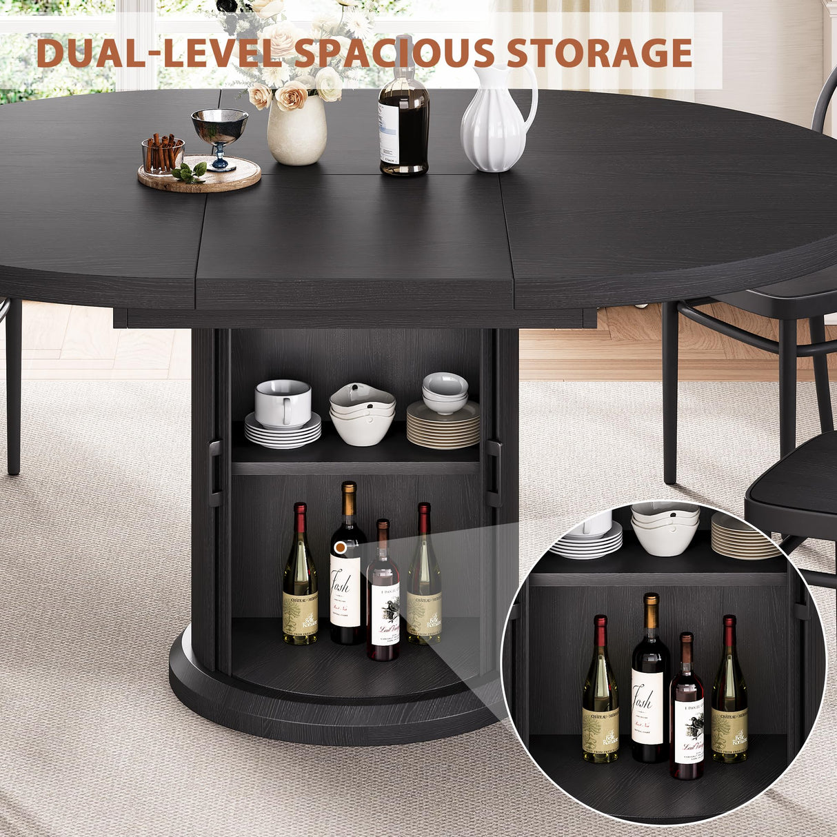 63" Extendable Round Dining Table for 4-6 with Storage Shelf