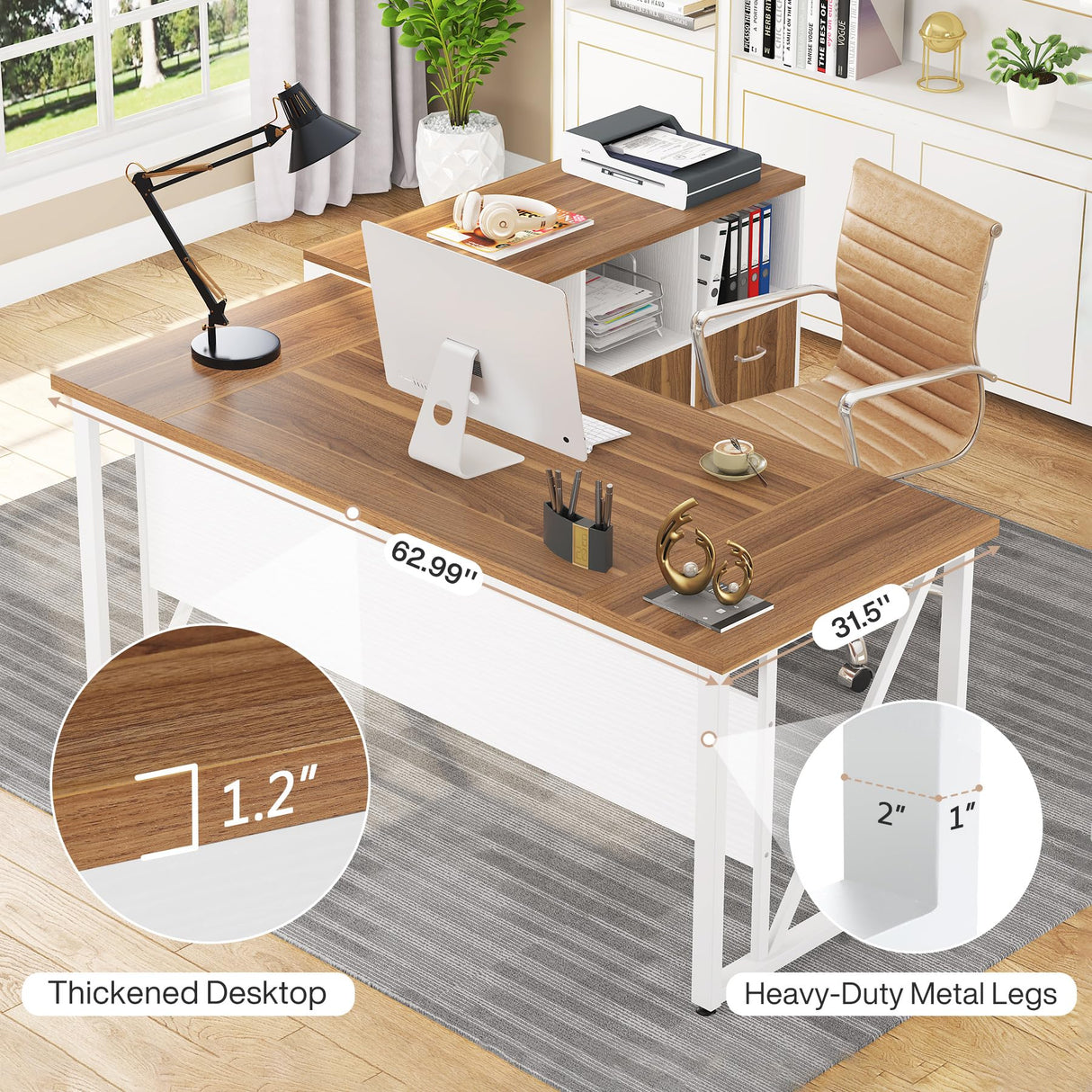 Executive Desk and 47" lateral File Cabinet, L-Shaped Computer Desk Home Office