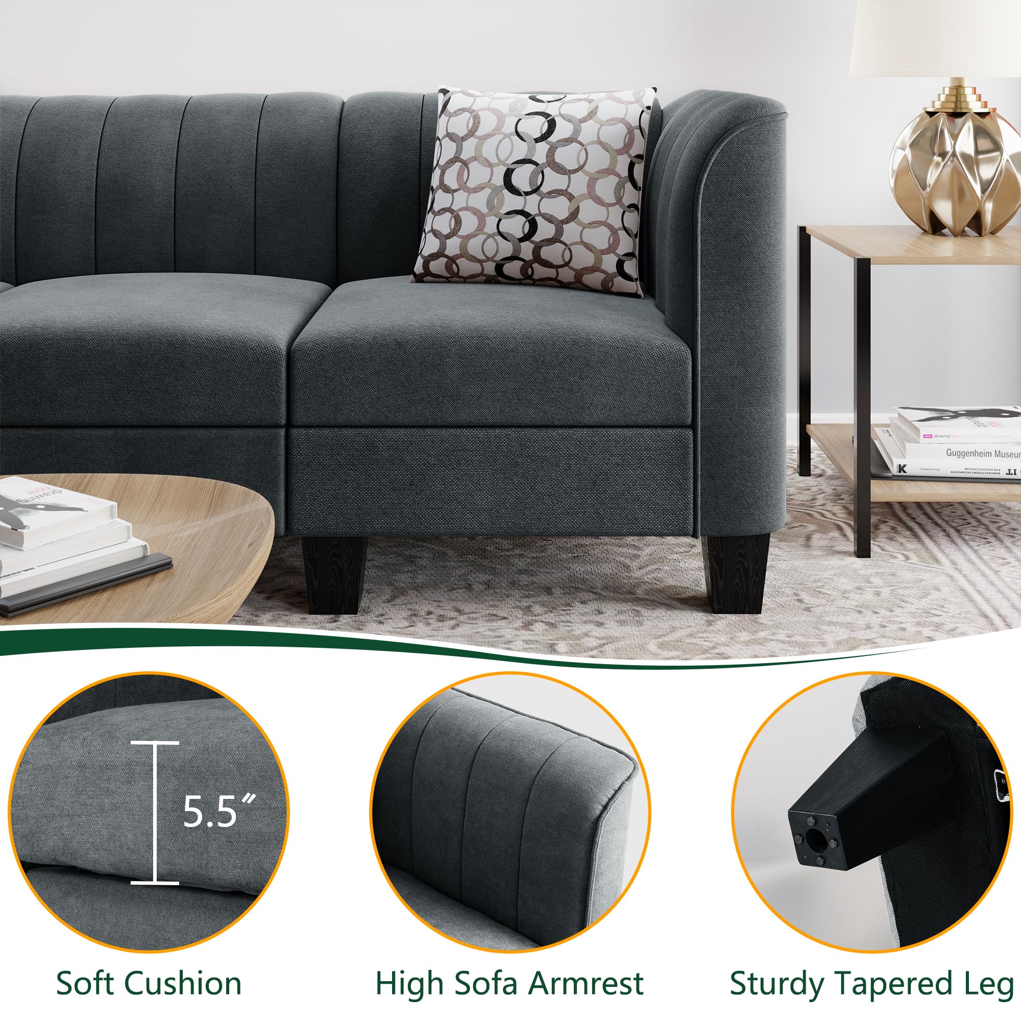 Upgraded Convertible Sectional Sofa Couch, 3 Seat L Shaped Sofa with High Armrest Linen Fabric Small