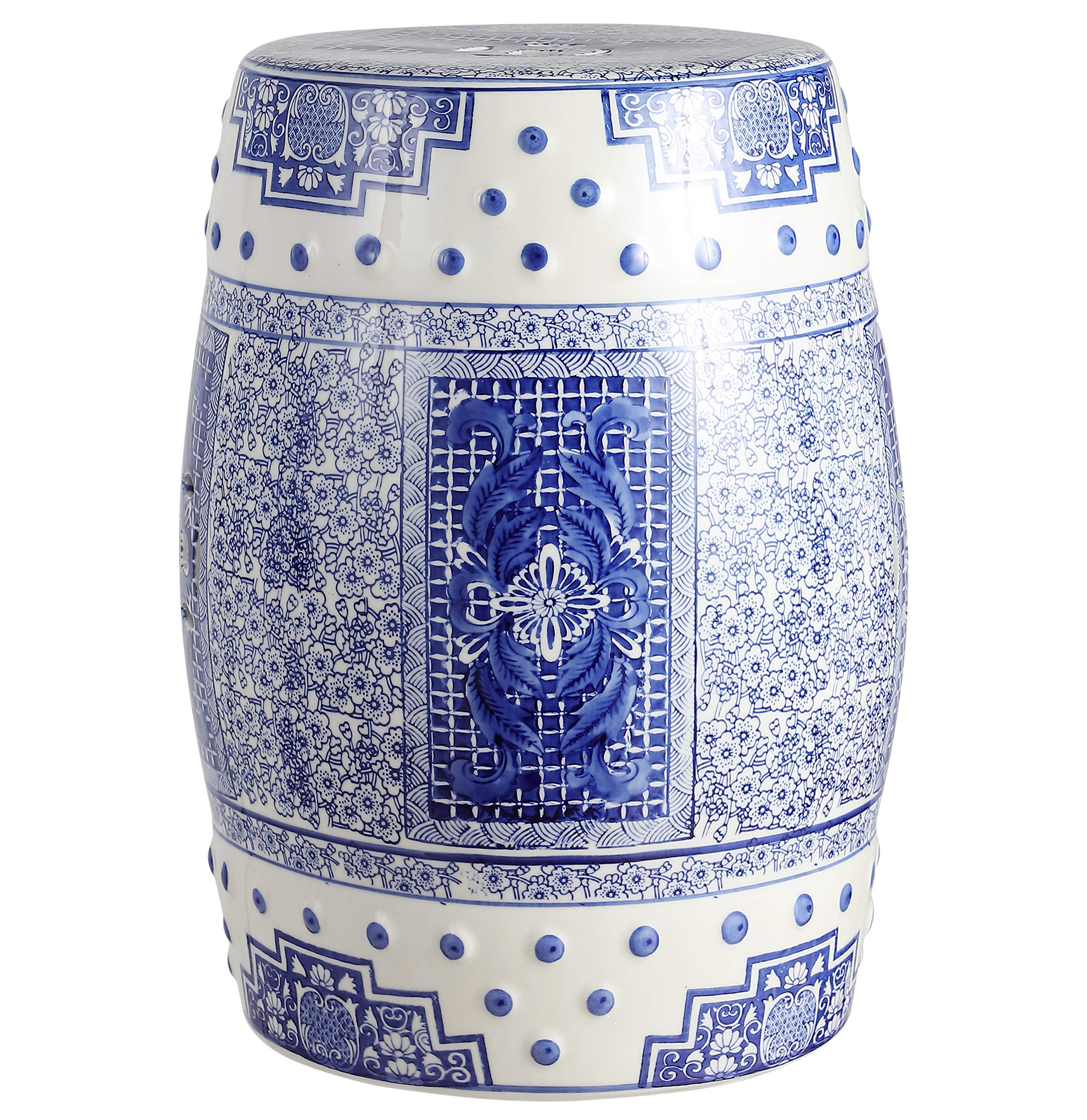 TBL1003A Acanthus 17.8" Chinoiserie Ceramic Drum Garden Stool, Bohemian, Coastal, Classic, Cottage, French Country,