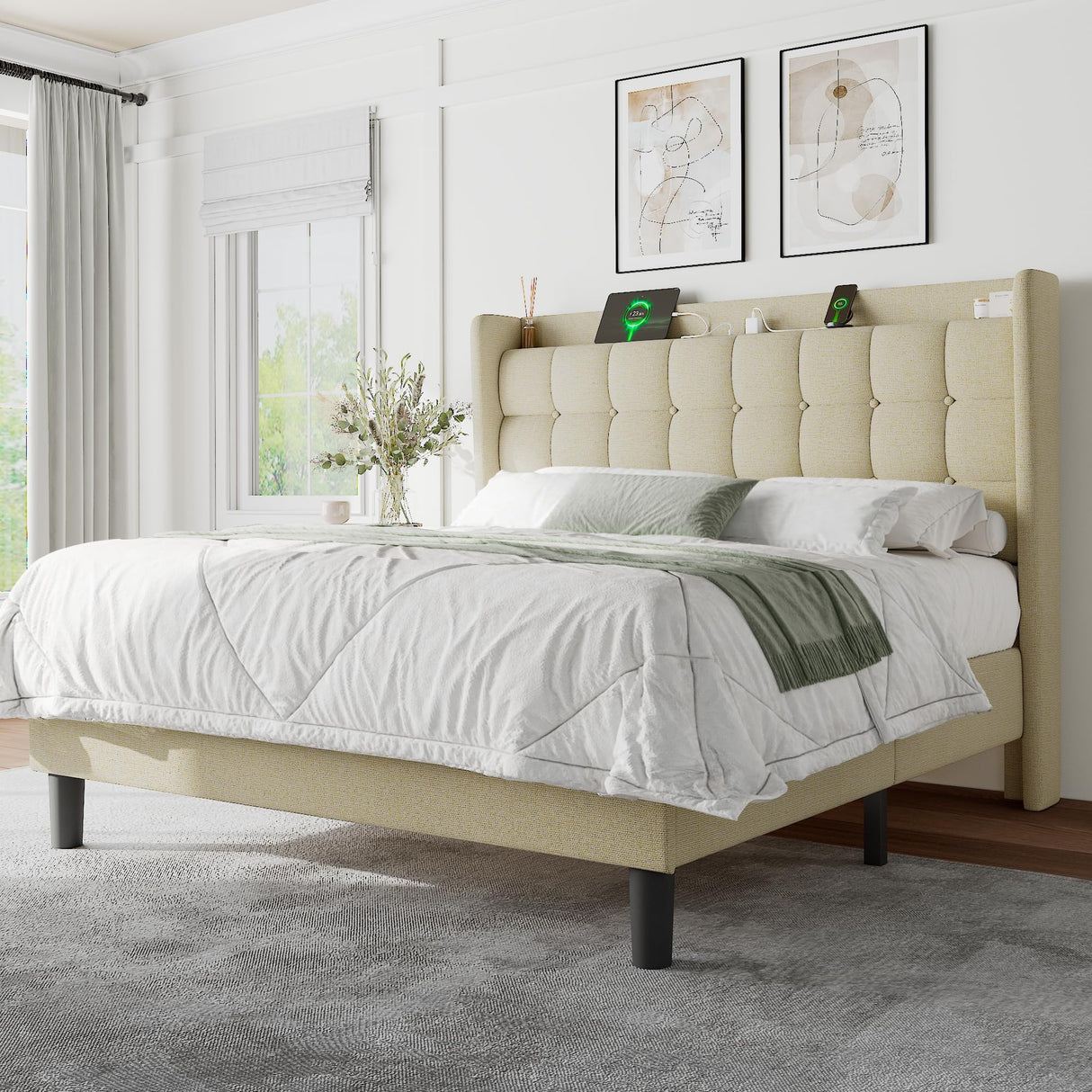 Feonase Full Size Bed Frame with Charging Station, Upholstered Platform Bed Frame with Storage Wingback Headboard, No Box Spring Needed, Easy Assembly, Beige