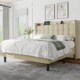 Feonase Full Size Bed Frame with Charging Station, Upholstered Platform Bed Frame with Storage Wingback Headboard, No Box Spring Needed, Easy Assembly, Beige