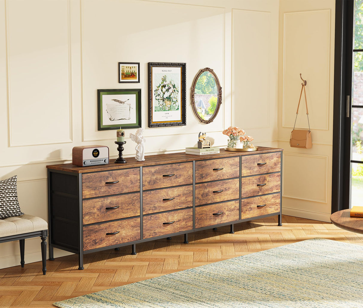 70 Inch Dresser for Bedroom, TV Stand for 65, 75, 80 Inch TV, 12 Fabric Drawer Long