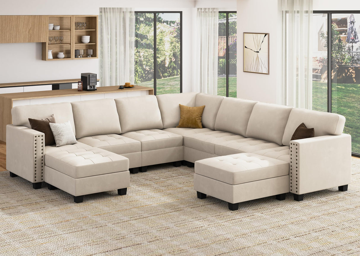 HONBAY Velvet Convertible Sectional Couch, U Shaped Sectional Sofa with Chaise Modular Sectional with Storage Ottoman Corner Couch for Living Room, Beige