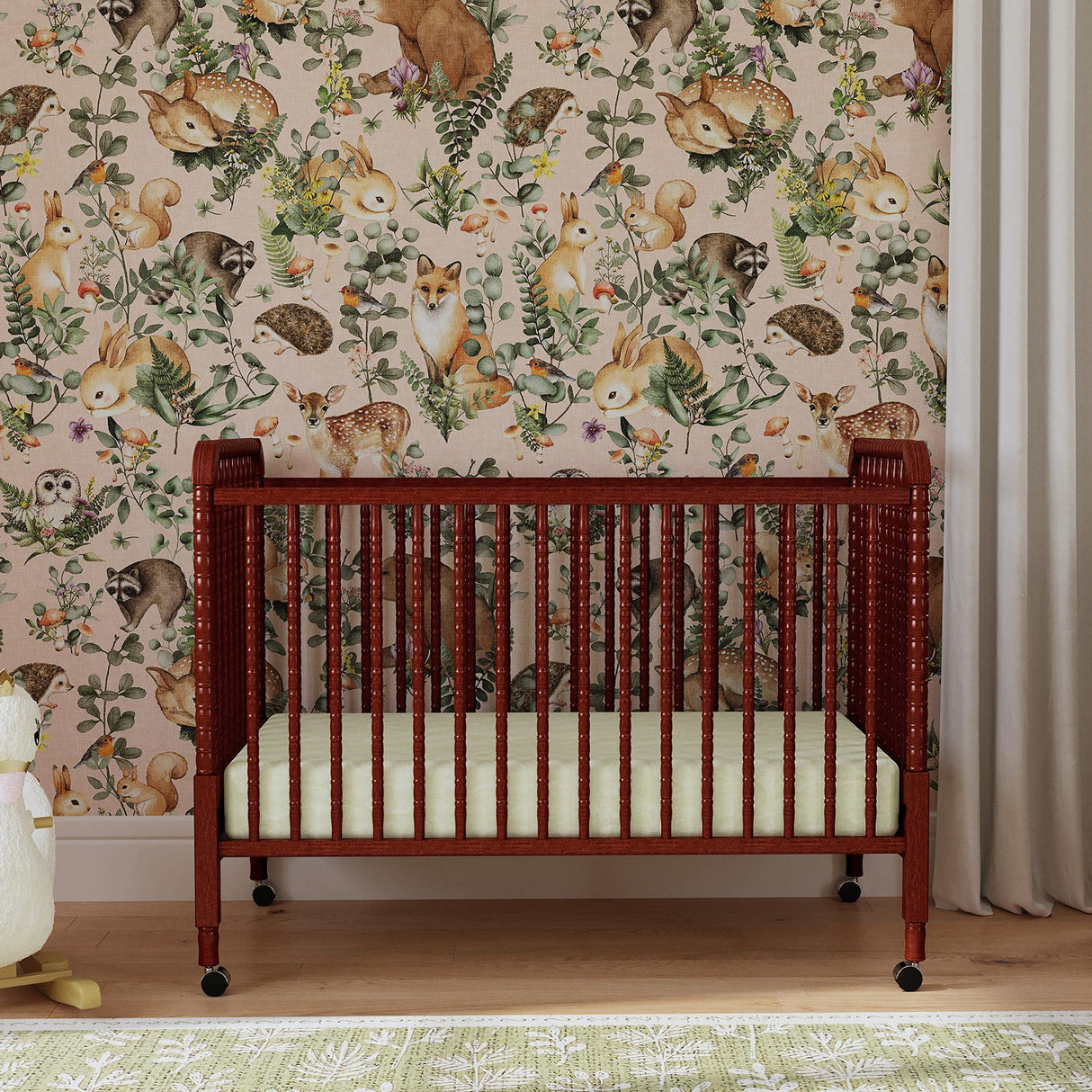 Jenny Lind 3-in-1 Convertible Crib in Rich Cherry, Removable Wheels, Greenguard Gold