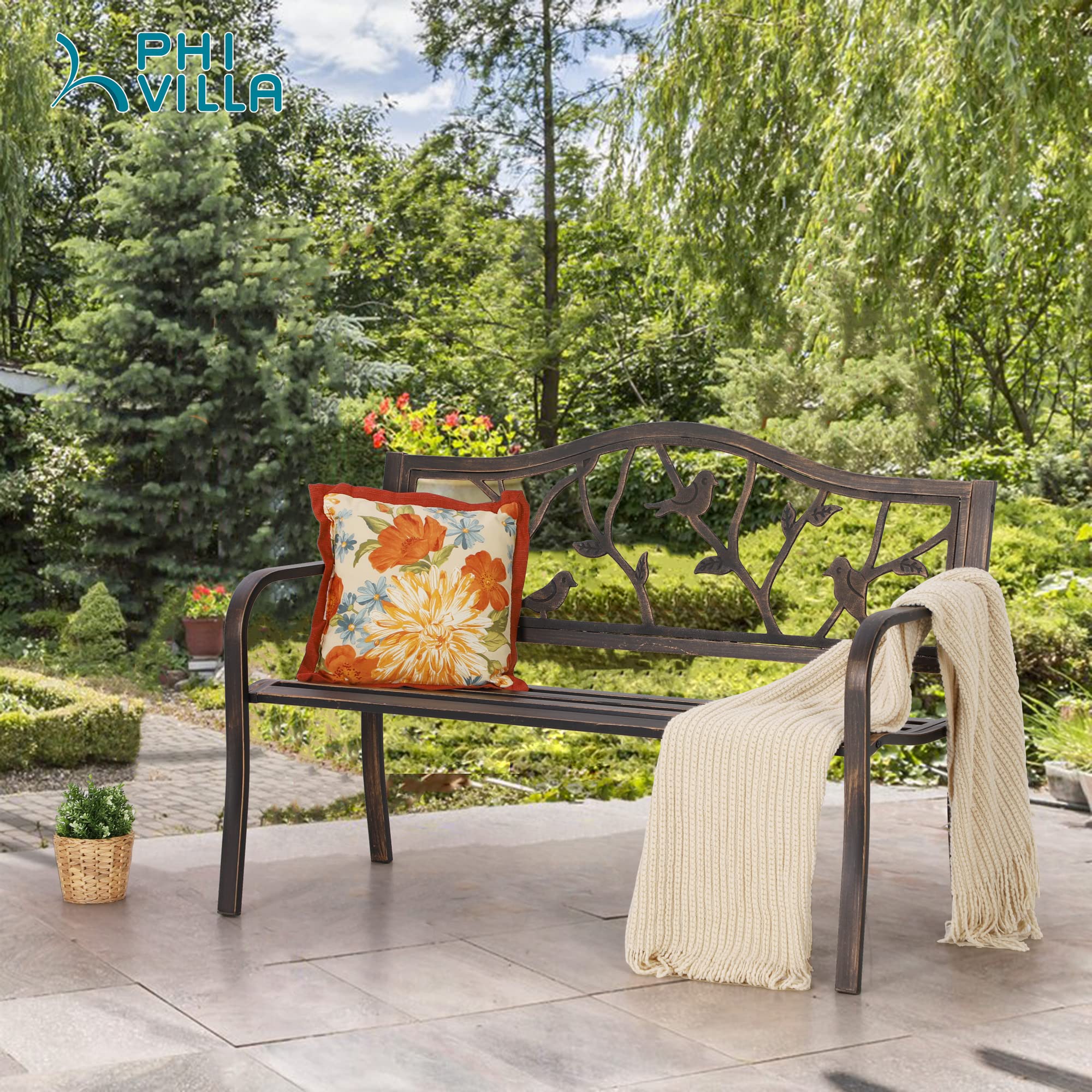 Outdoor Garden Park Bench Patio 50" Metal Bench, Steel Frame Bench