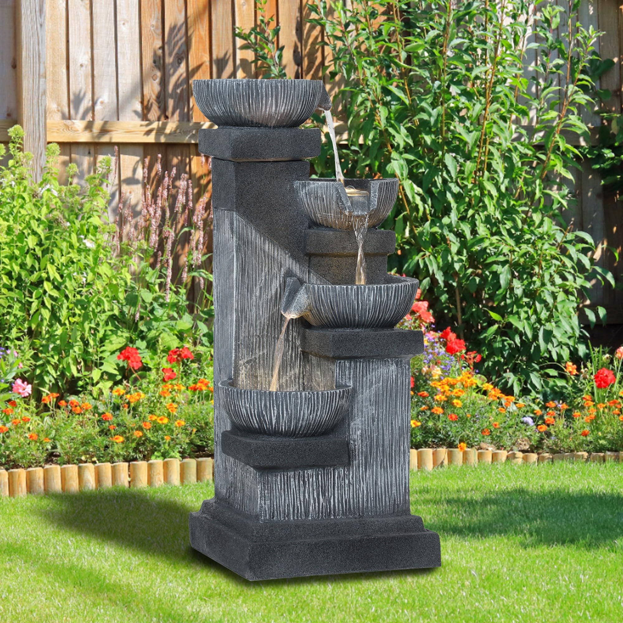 33.5" Tall Outdoor Water Fountain, 4-Tier Floor Standing Resin Cascading Bowls Waterfall