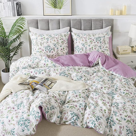 Duvet Cover Set - 100% Cotton Herbs Pattern Comforter , Soft and Breathable Bedding Set with Zipper Closure & Corner Ties,