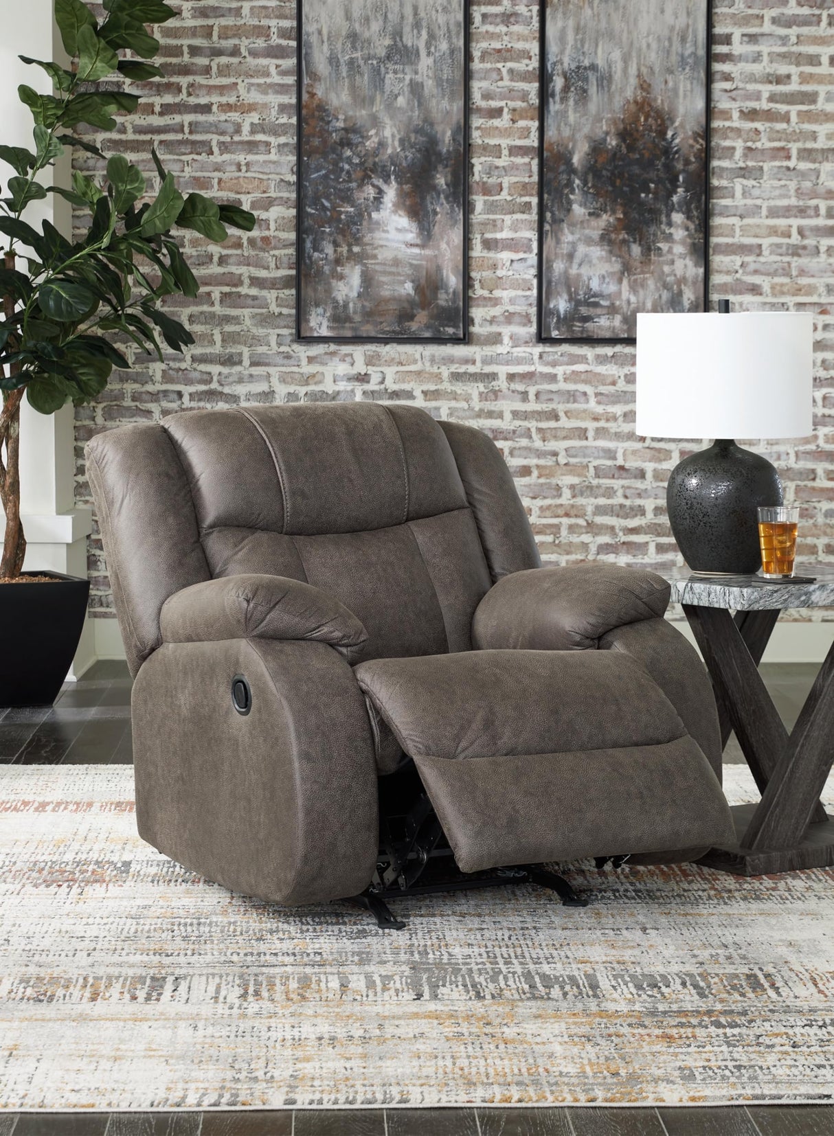 Design by Ashley First Base Modern Faux Leather Rocker Recliner, Gray