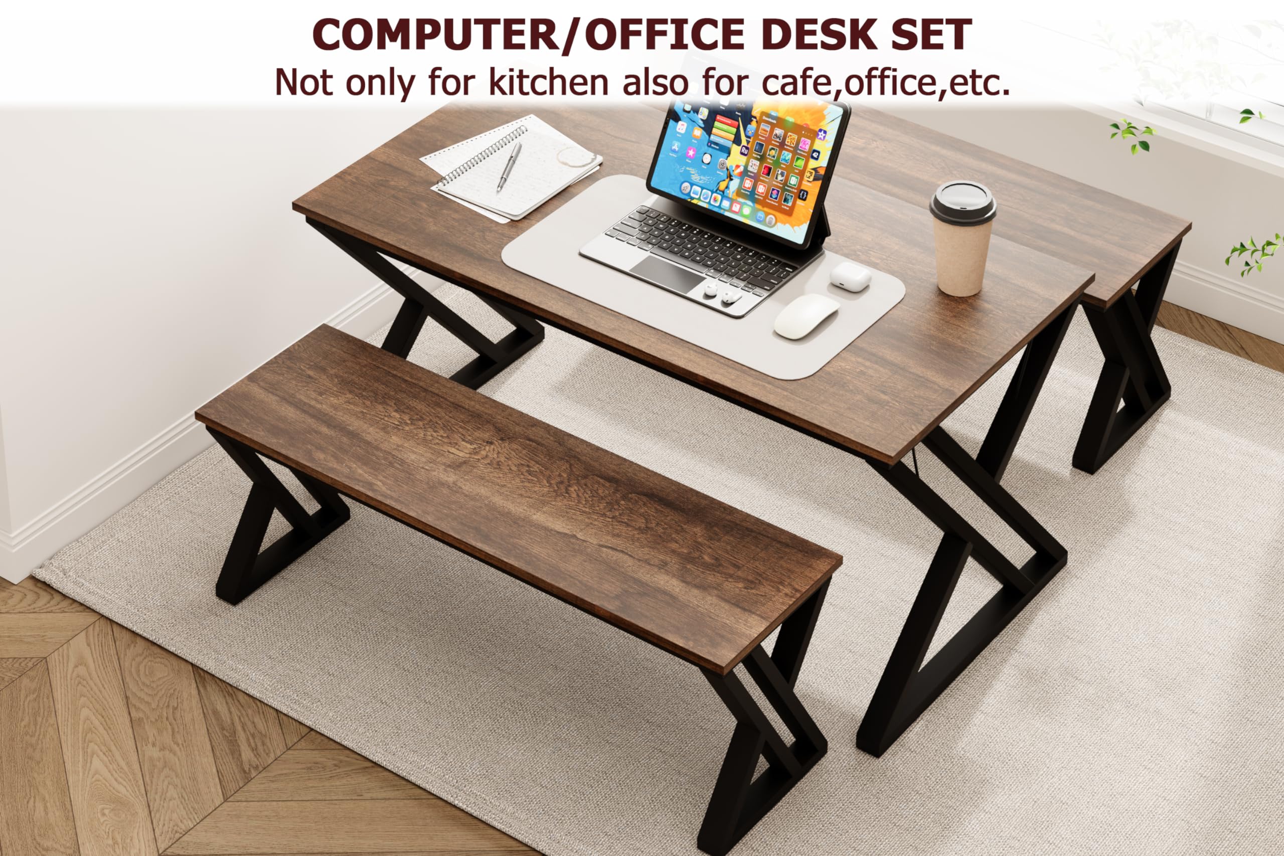GAOMAN 55” Dining Table with Benches, Kitchen Table Set for 4-6, Rectangular Dining Room Table Set with Sturdy Metal Frame, Saving Space for Kitchen, Dining Room, Apartment, Retro Brown