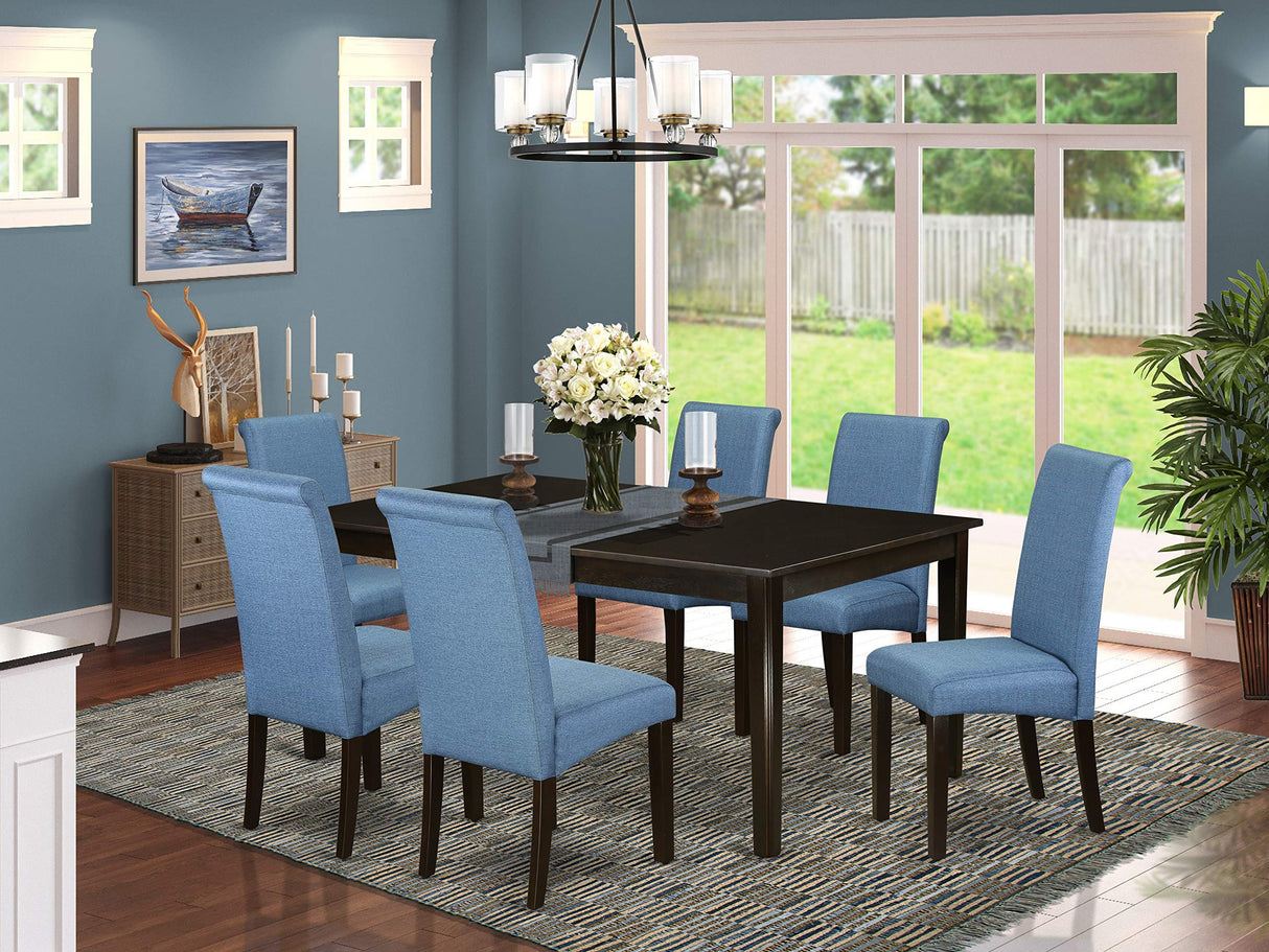 East West Furniture HEBA7-CAP-21 Henley 7 Piece Set Consist of a Rectangle Dining Room Table with Pedestal and 6 Blue Color Linen Fabric Upholstered Chairs, 42x72 Inch, Cappuccino