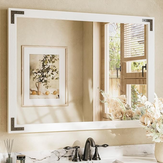 Brown Wood Framed Wall Mirror for Bathroom